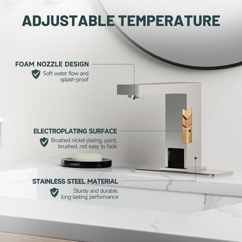 Green Spring Touchless Bathroom Sink Faucet Smart Commercial Sink Faucet with Hole Cover Plate Temperature Mixer Battery or Plug-in Powered Automatic Motion Sensor Sink Faucet Brushed Nickel - Image 4